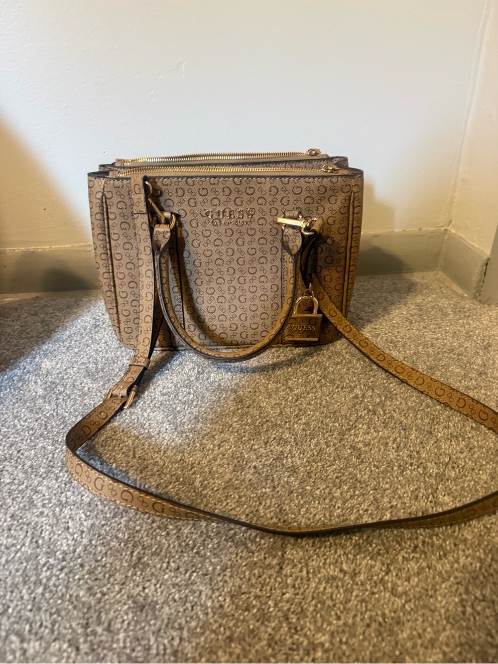 Guess Brown Monogram Satchel with Gold Hardware